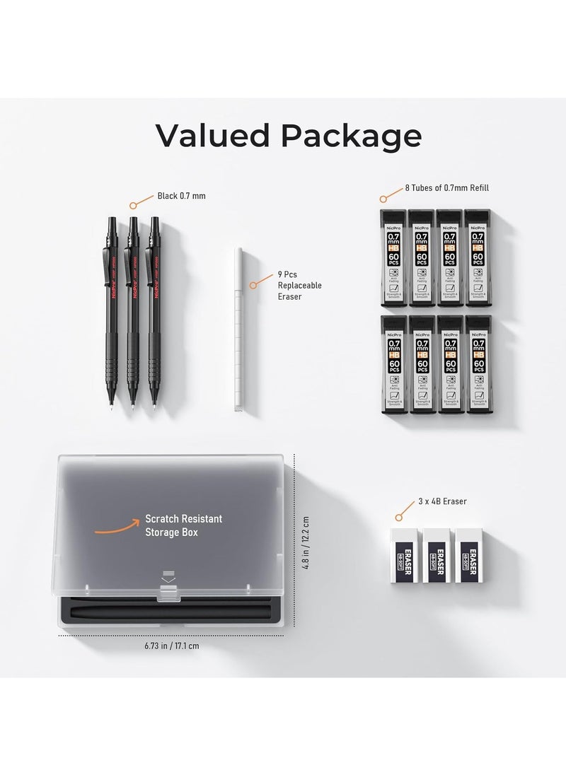 Nicpro - 0.7 Mm Mechanical Pencils Set With Case 3 Metal Artist Pencil With 6 Tube Hb Lead Refills 3 Erasers 9 Eraser Refills For Architect Art Writing Drafting Drawing Engineering Sketching Black - Image 1