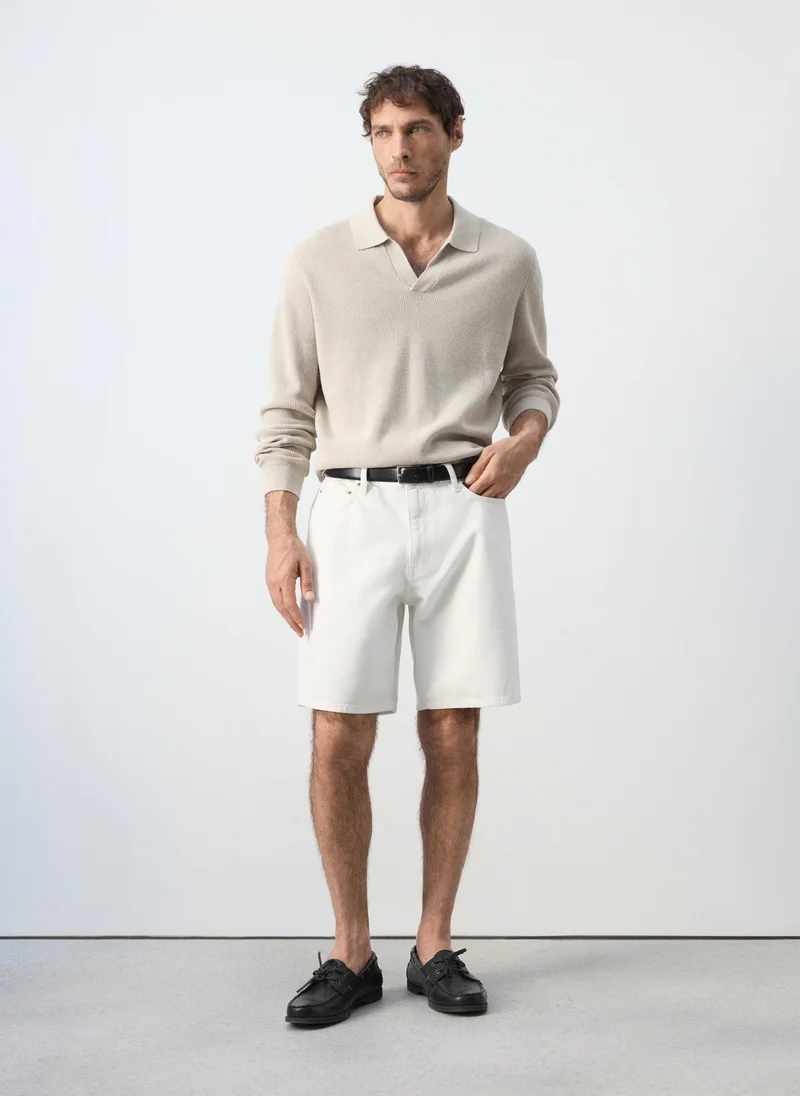 Mango Man 08-BEIGE 100% Cotton Ribbed Knit Polo Shirt for Men | Best Price UAE