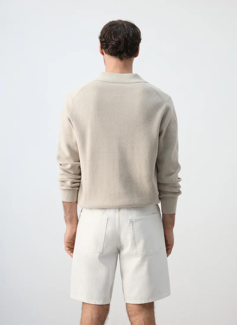 Mango Man 08-BEIGE 100% Cotton Ribbed Knit Polo Shirt for Men | Best Price UAE