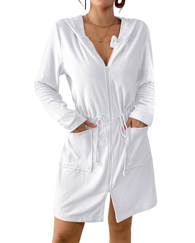 Bsubseach Terry Cloth Cover Up - Women Zip Up Long Sleeve Swimsuit Coverup Hooded Bath Robes with Pockets White M - Image 1