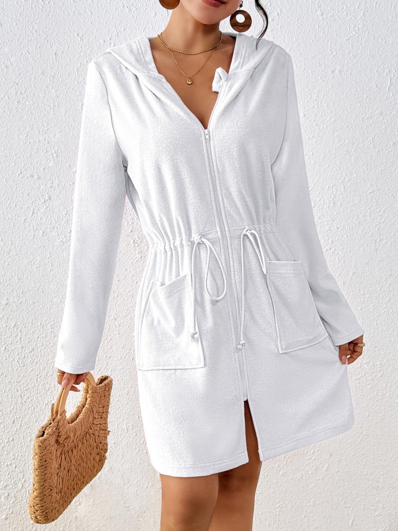 Bsubseach Terry Cloth Cover Up - Women Zip Up Long Sleeve Swimsuit Coverup Hooded Bath Robes with Pockets White M - Image 2
