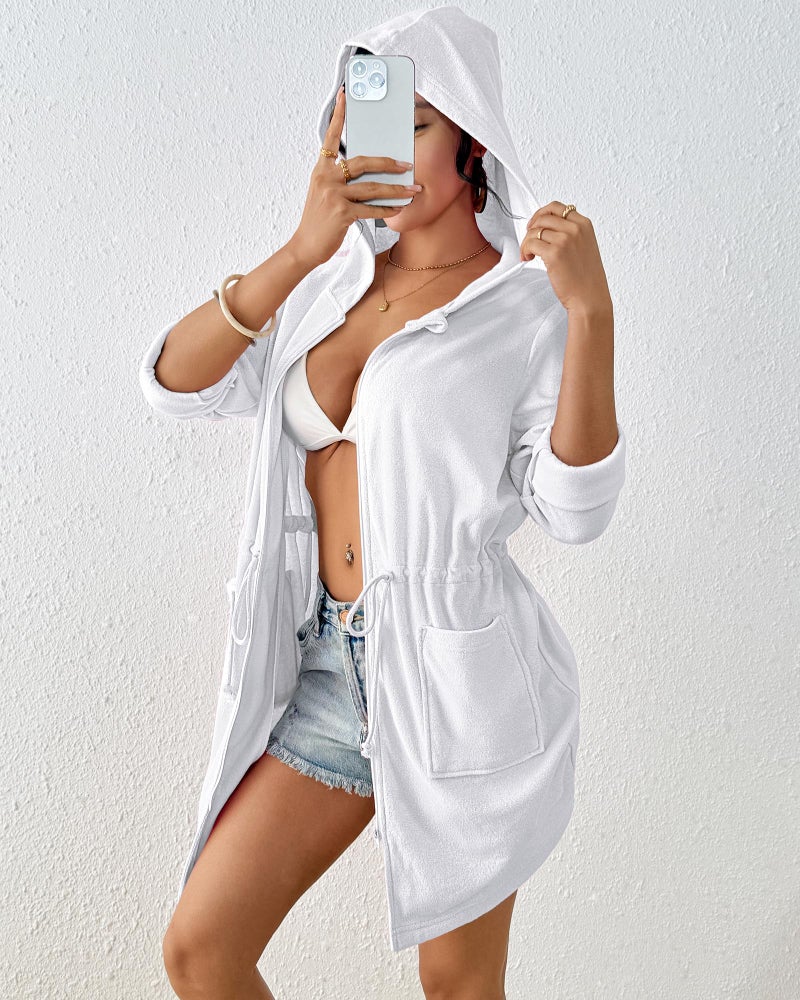 Bsubseach Terry Cloth Cover Up - Women Zip Up Long Sleeve Swimsuit Coverup Hooded Bath Robes with Pockets White M - Image 5