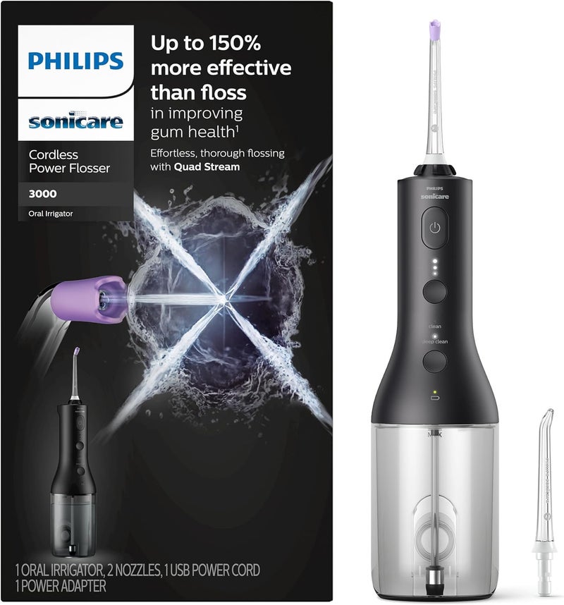 PHILIPS SONICARE فيلبس سونيكير جهاز تنظيف الأسنان اللاسلكي 3000 بخاصية تدفق الماء الرباعي المبتكر جهاز تنظيف الفم مع وضعين للتنظيف و 3 مستويات ضغط مقاوم للماء IPX7 أسود HX382623 - Image 1