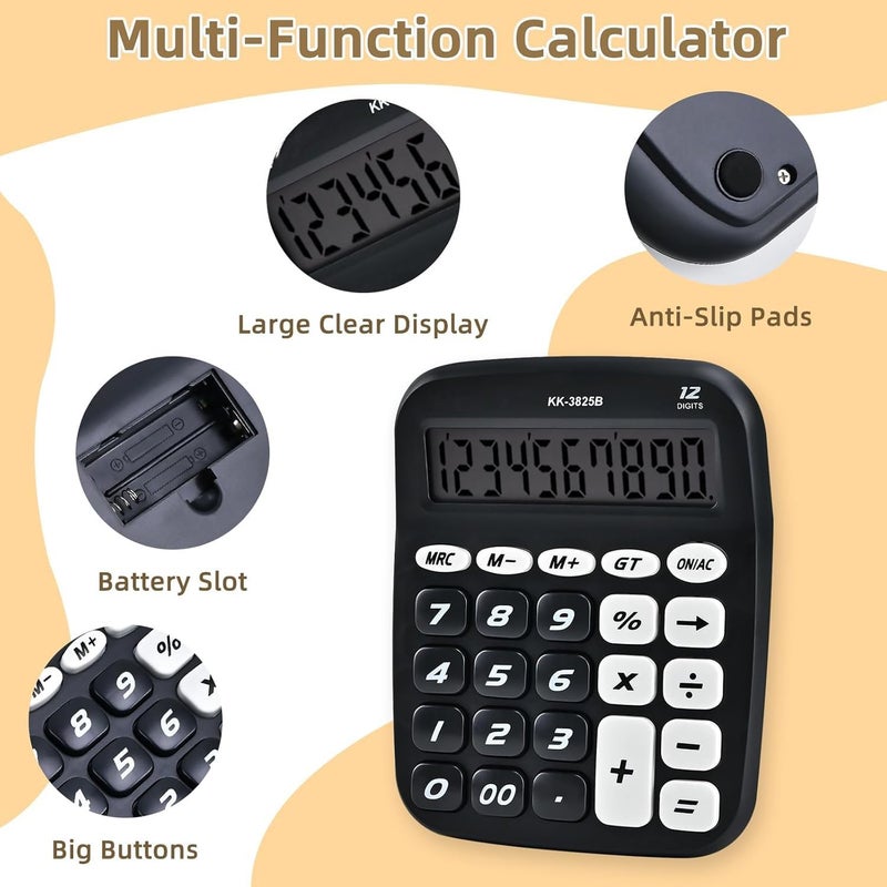 SOLDTRUE Multi-Function Calculator with 12-Digit Large LCD Display – Desktop Basic Calculator | Big Easy-Press Buttons, Anti-Slip Pads | White for Office, School & Home (Black) - Image 3