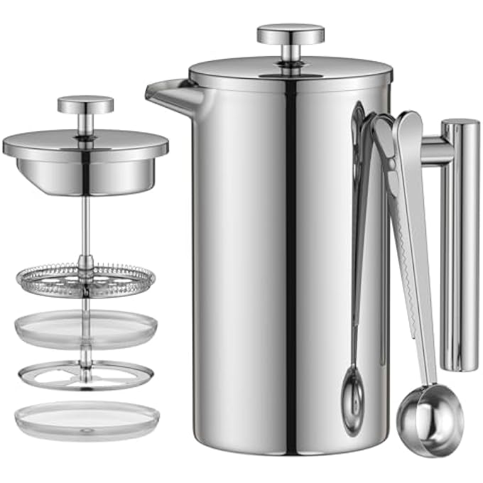 Enfmay Cafetire 8 Cups French Press Coffee Maker 1000Ml 3 Level Filter DoubleWalled Insulated Stainless Steel French Press Caffettiere For Home And Office Extra 1Filter And 2In1 Clip Spoon - Image 2
