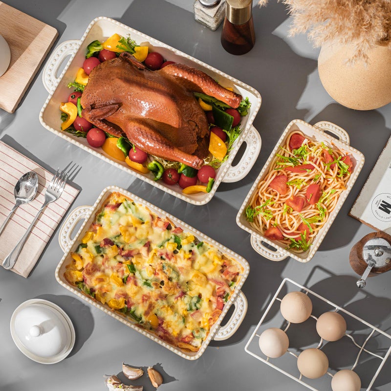 Feenmai Casserole Dish for Oven, Ceramic Baking Dishes Set, Vintage Hobnail Bakeware Sets of 3, Rectangular Baking Pan, Deep Lasagna Pan with Handle for Cake, Wedding Kitchen Gift, 13.77â€œ/11.6"/8.85" - Image 2