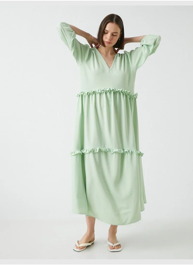 KOTON V-Neck Flowy Relaxed Cut Ruffle Long Dress