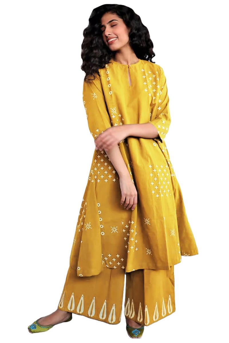 ANNI DESIGNER Women's Rayon Viscose A-Line Printed Kurta with Palazzo (CHAURYA Yellow_XL_Yellow_X-Large) - Image 1