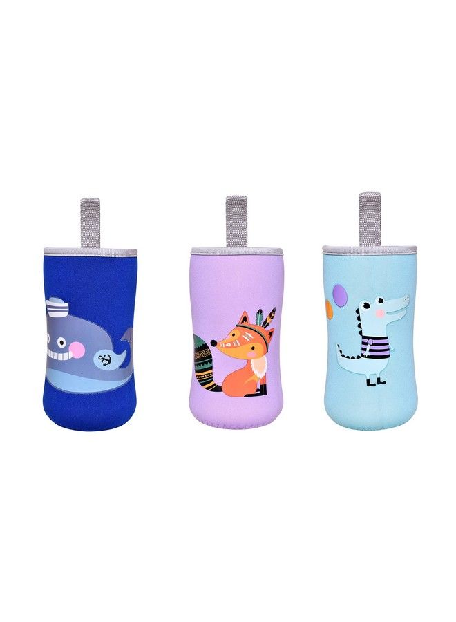 The Little Lookers Cute Animated Patterned Soft Stretchable Baby Feeding Bottle Cover With Easy To Hold Strap For 120Ml 150Ml 200Ml (Fish Dinosaur & Fox Pack Of 3)