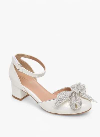 Celeste Girls Bow Applique Block Heel Shoes With Hook And Loop Closure