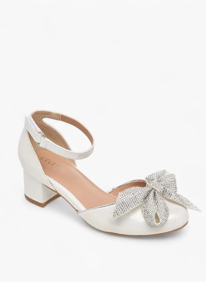 سيليست Girls Bow Applique Block Heel Shoes With Hook And Loop Closure
