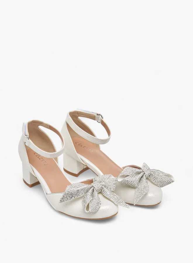 سيليست Girls Bow Applique Block Heel Shoes With Hook And Loop Closure