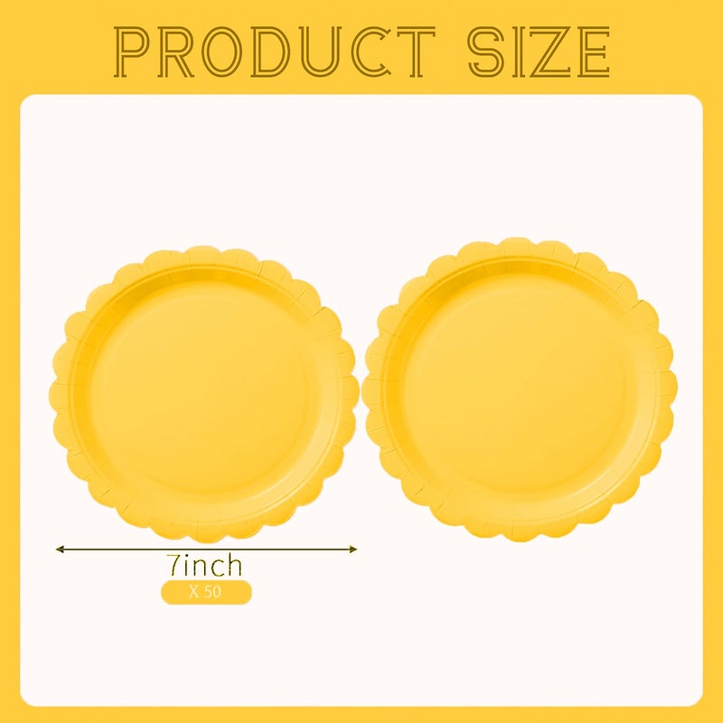 BEFORYOU 50PCS Scalloped Disposable Paper Plates Dessert Cake Party Plates for Baby Shower, Wedding,Bridal Shower Birthday Party Supplies (Yellow, 7IN) - Image 2