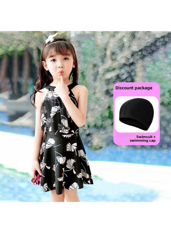 إسكدنيا بدلة سباحة نسائية للوالدين والطفل، ملابس سباحة نسائية محافظة لتغطية البطن، فستان الأميرة المنفصلة، ​​بدلة سباحة نسائية ربيعية ساخنة - اللون: أسود للأطفال + قبعة سباحة - المقاس: M - Image 1
