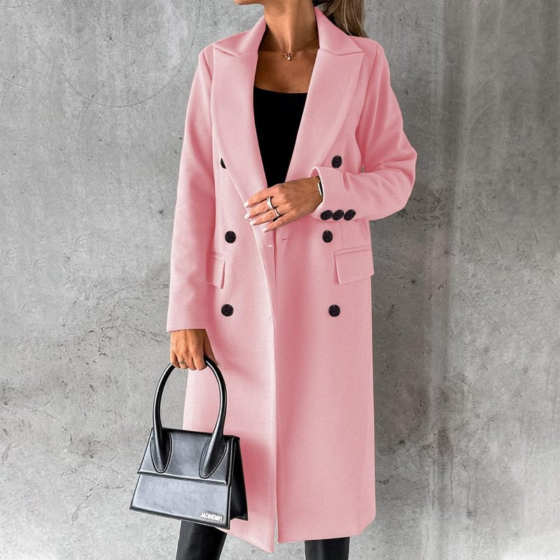 woobles Women's Faux Wool Notch Lapel Double Breasted Trench Belted Mid Long Outwear Winter Coat Slim Long Pea Coat Overcoat 001-pink - Image 3