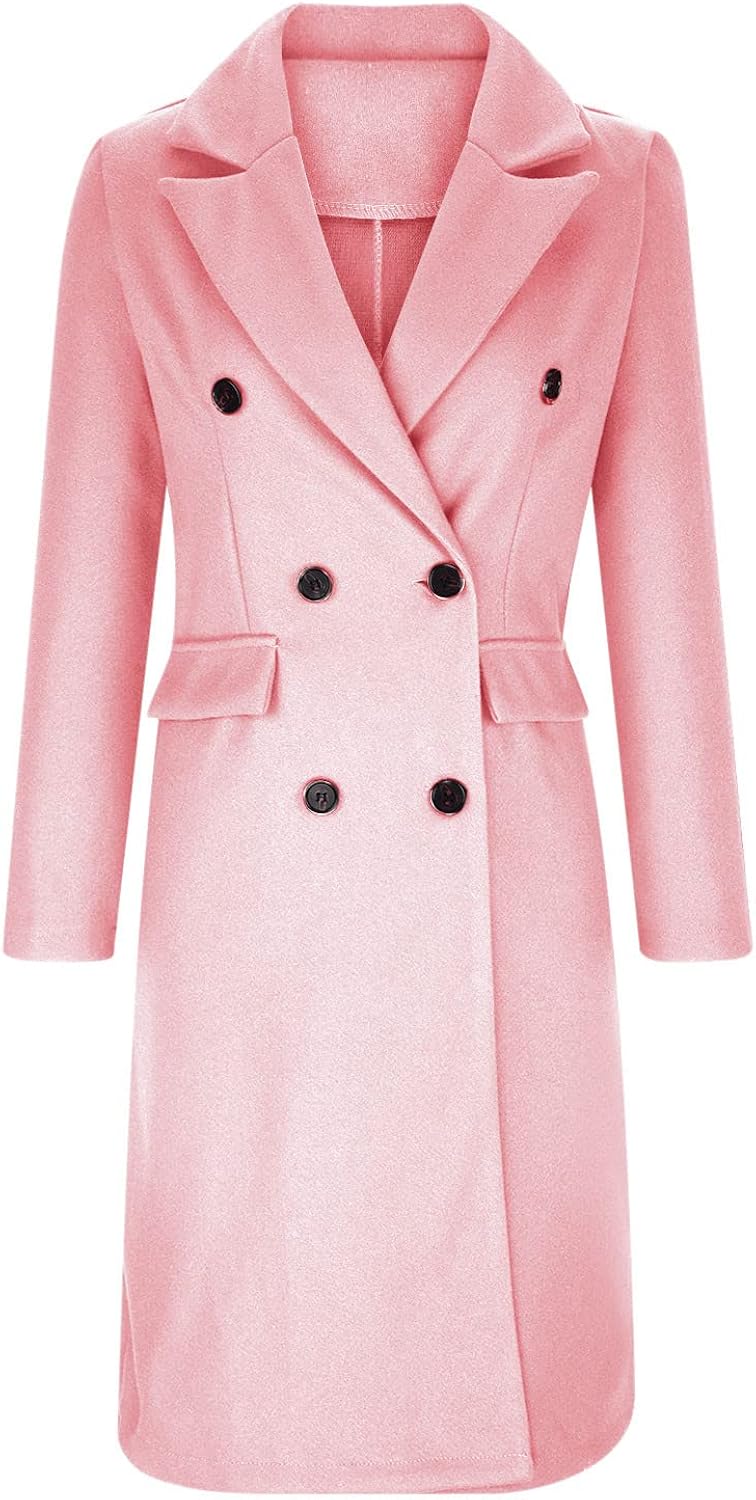 woobles Women's Faux Wool Notch Lapel Double Breasted Trench Belted Mid Long Outwear Winter Coat Slim Long Pea Coat Overcoat 001-pink - Image 2