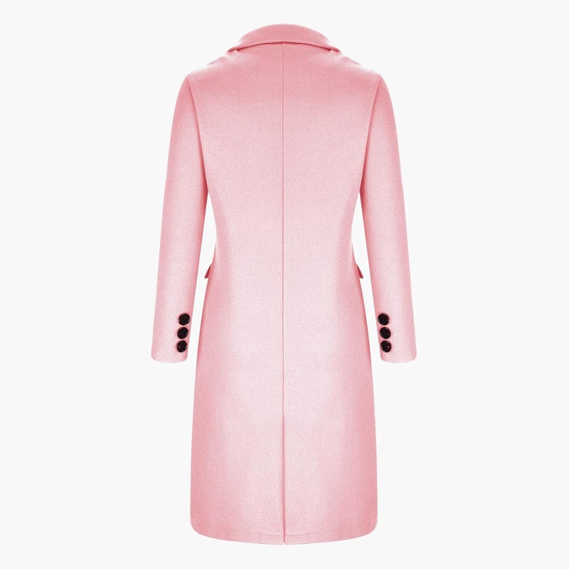 woobles Women's Faux Wool Notch Lapel Double Breasted Trench Belted Mid Long Outwear Winter Coat Slim Long Pea Coat Overcoat 001-pink - Image 4