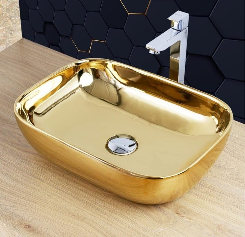 WARRIX Very Stylish Golden Wash Basin Luxurious Table Top Bathroom Sink Wash Basin 18 x 13 x 5 INCH Glossy finish FULL GOLDEN  - Image 1