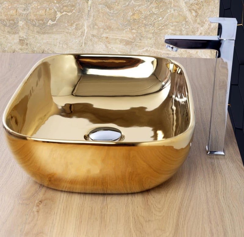 WARRIX Very Stylish Golden Wash Basin Luxurious Table Top Bathroom Sink Wash Basin 18 x 13 x 5 INCH Glossy finish FULL GOLDEN  - Image 3