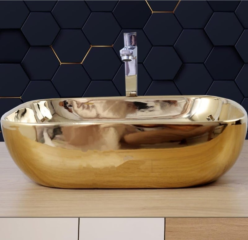 WARRIX Very Stylish Golden Wash Basin Luxurious Table Top Bathroom Sink Wash Basin 18 x 13 x 5 INCH Glossy finish FULL GOLDEN  - Image 4
