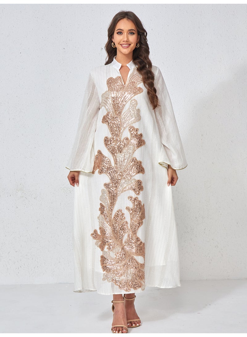 Kaiyuede Bridal Abaya Wedding White Luxury Rose Gold Sequin Floral Polyester Opaque Lined Stand Collar S-XL - Image 1