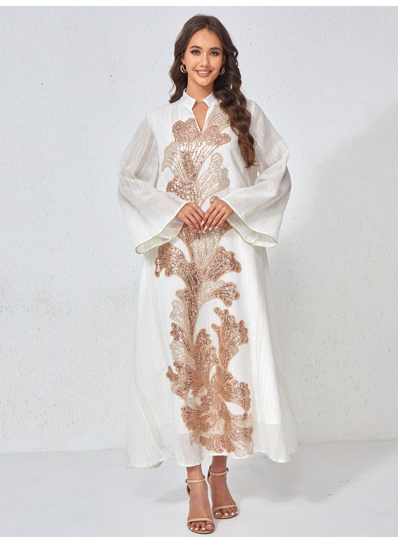 Kaiyuede Bridal Abaya Wedding White Luxury Rose Gold Sequin Floral Polyester Opaque Lined Stand Collar S-XL - Image 4