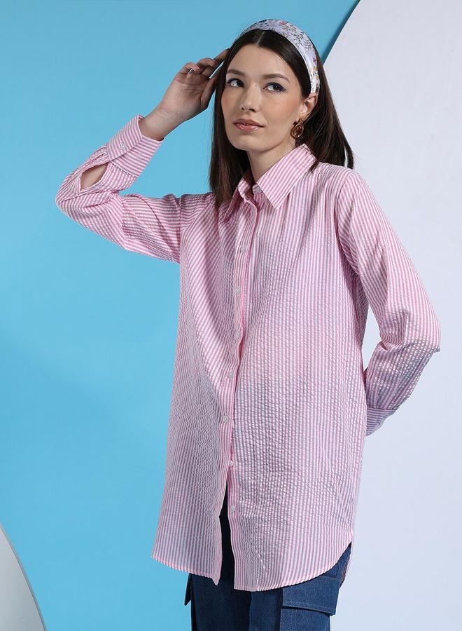 Freehand Women Pink Striped Longline Shirt - Image 3