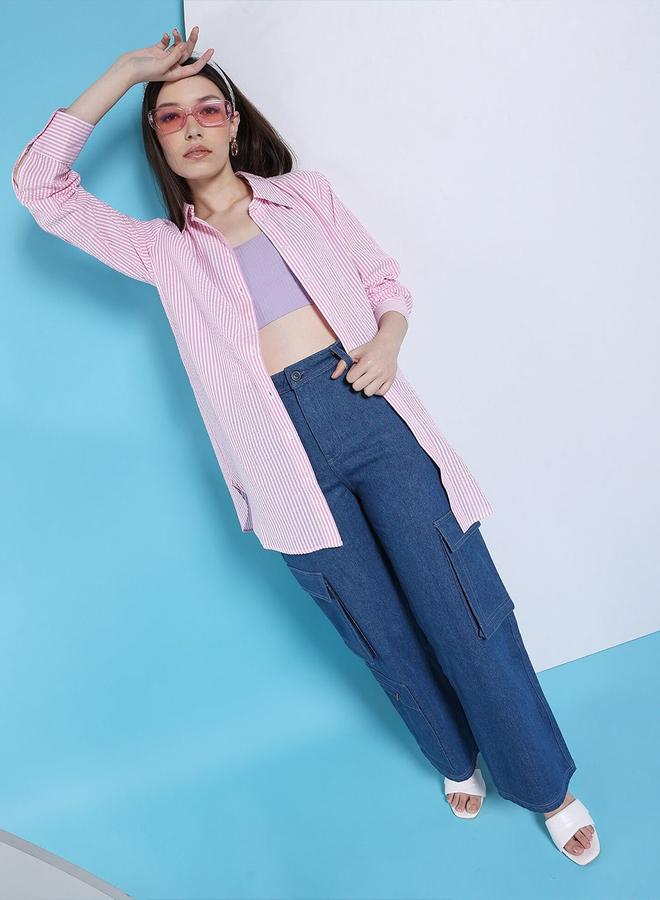 Freehand Women Pink Striped Longline Shirt - Image 4