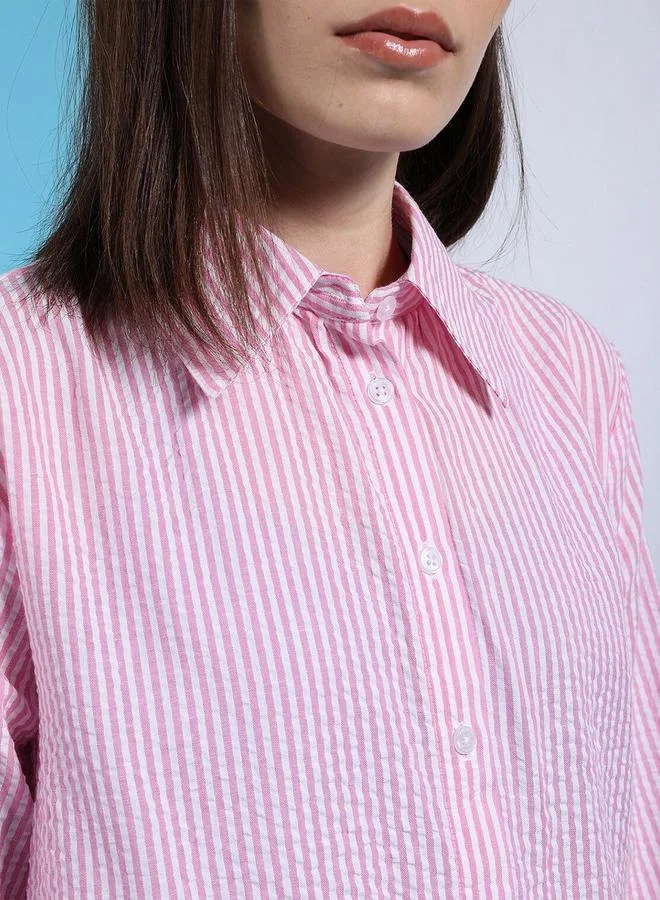 Freehand Freehand Women Pink Striped Longline Shirt