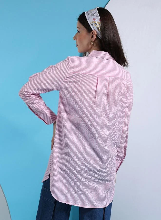 Freehand Pink Freehand Women Pink Striped Longline Shirt for Women | Best Price UAE
