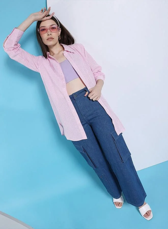 Freehand Pink Freehand Women Pink Striped Longline Shirt for Women | Best Price UAE