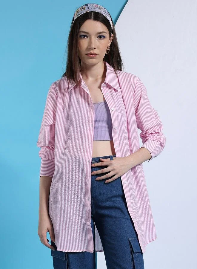 Freehand Pink Freehand Women Pink Striped Longline Shirt for Women | Best Price UAE