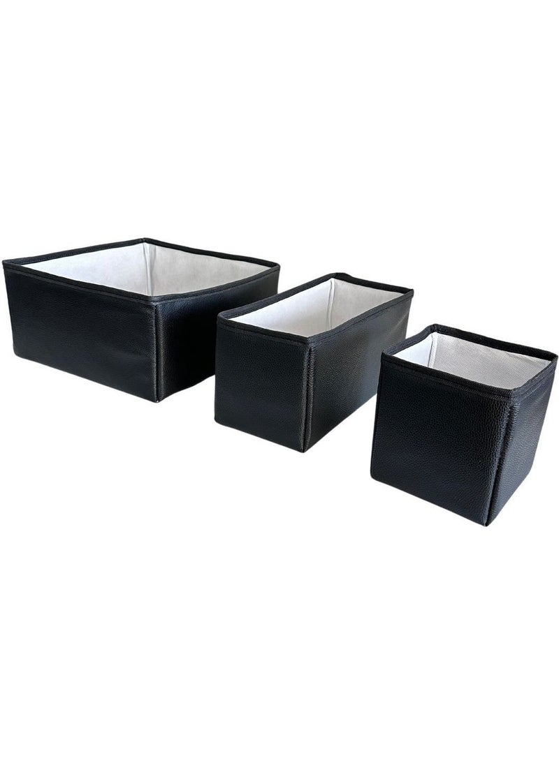 Nelson - 3-Piece Drawer Laundry Organizer Children's Room Folding Storage Box Organizer Set-Black Leather - Image 1