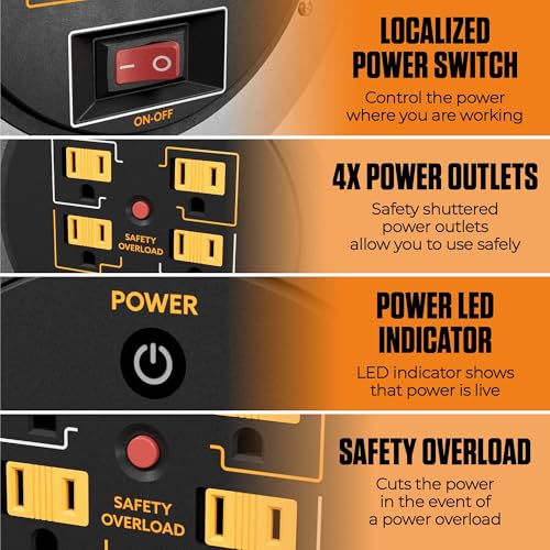 Masterplug 100ft Cord Reel, Metal Cable Drum, Retractable Extension Lead with Winding Handle, Safety Overload Circuit Breaker and Power Switch, 4x Grounded Outlets, 15amps, 12AWG Cable - Image 2