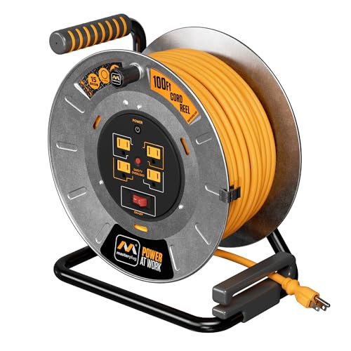 Masterplug 100ft Cord Reel, Metal Cable Drum, Retractable Extension Lead with Winding Handle, Safety Overload Circuit Breaker and Power Switch, 4x Grounded Outlets, 15amps, 12AWG Cable - Image 1