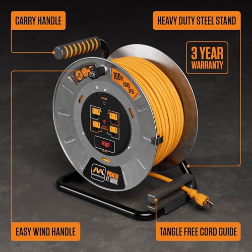 Masterplug 100ft Cord Reel, Metal Cable Drum, Retractable Extension Lead with Winding Handle, Safety Overload Circuit Breaker and Power Switch, 4x Grounded Outlets, 15amps, 12AWG Cable - Image 3