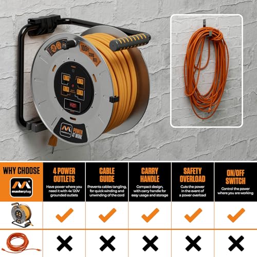Masterplug 100ft Cord Reel, Metal Cable Drum, Retractable Extension Lead with Winding Handle, Safety Overload Circuit Breaker and Power Switch, 4x Grounded Outlets, 15amps, 12AWG Cable - Image 5