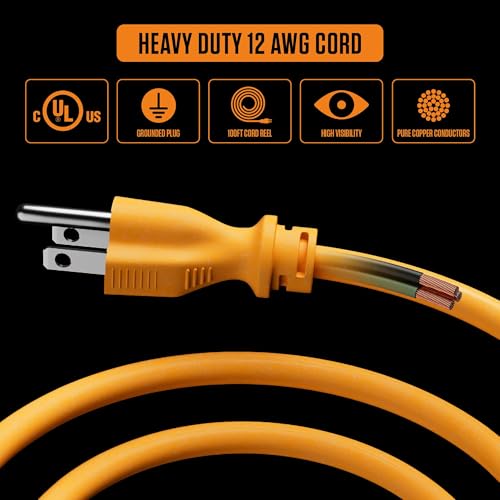 Masterplug 100ft Cord Reel, Metal Cable Drum, Retractable Extension Lead with Winding Handle, Safety Overload Circuit Breaker and Power Switch, 4x Grounded Outlets, 15amps, 12AWG Cable - Image 4