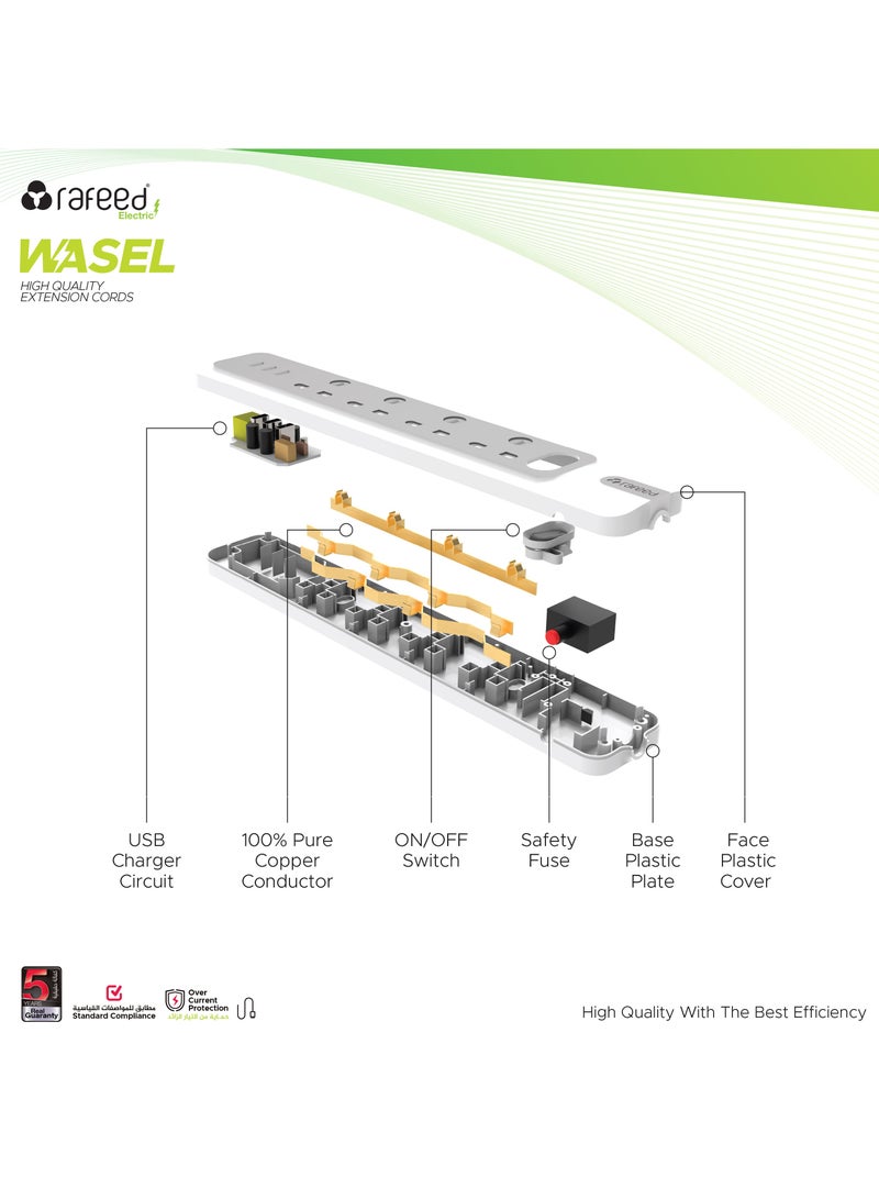 رافيد شريط طاقة ممتد بطول 5 أمتار، 4 مقابس، 3 منافذ شحن USB، 3250 واط - Image 5