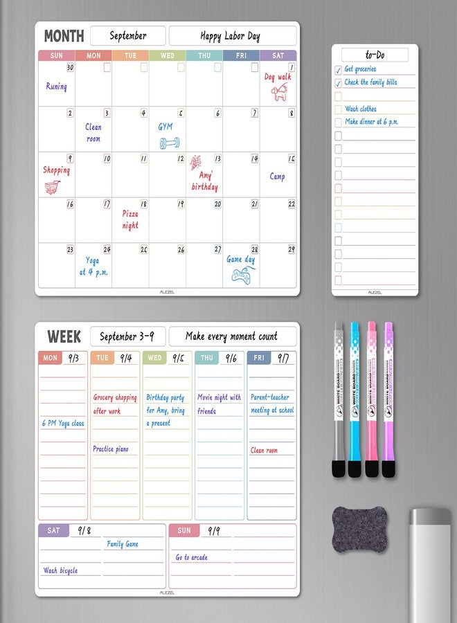 ALEZEL Magnetic Dry Erase Refrigerator Calendar, Dry Erase Calendar White Board Set for Fridge - Magnetic Monthly & Weekly Planner with List Board, 4 Markers + Eraser - Image 1