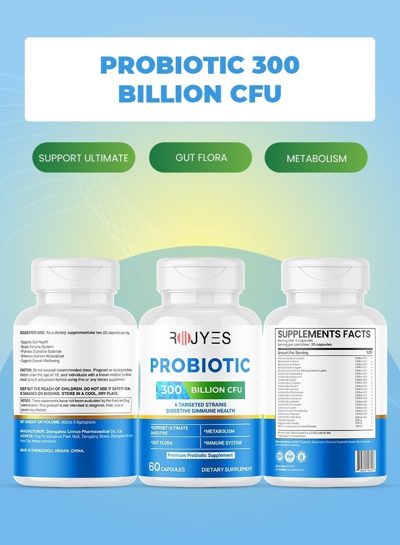 ROJYES Probiotic 300 Billion CFU Supplement, Probiotics for Gut Health and Digestive Balance, Immune Support, Bloating and Digestion Support, Daily Digestive Health Supplement, 60 Capsules - Image 2