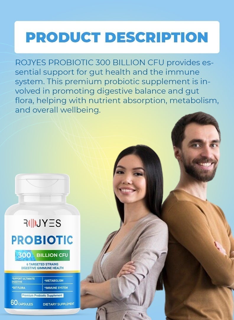 ROJYES Probiotic 300 Billion CFU Supplement, Probiotics for Gut Health and Digestive Balance, Immune Support, Bloating and Digestion Support, Daily Digestive Health Supplement, 60 Capsules - Image 3