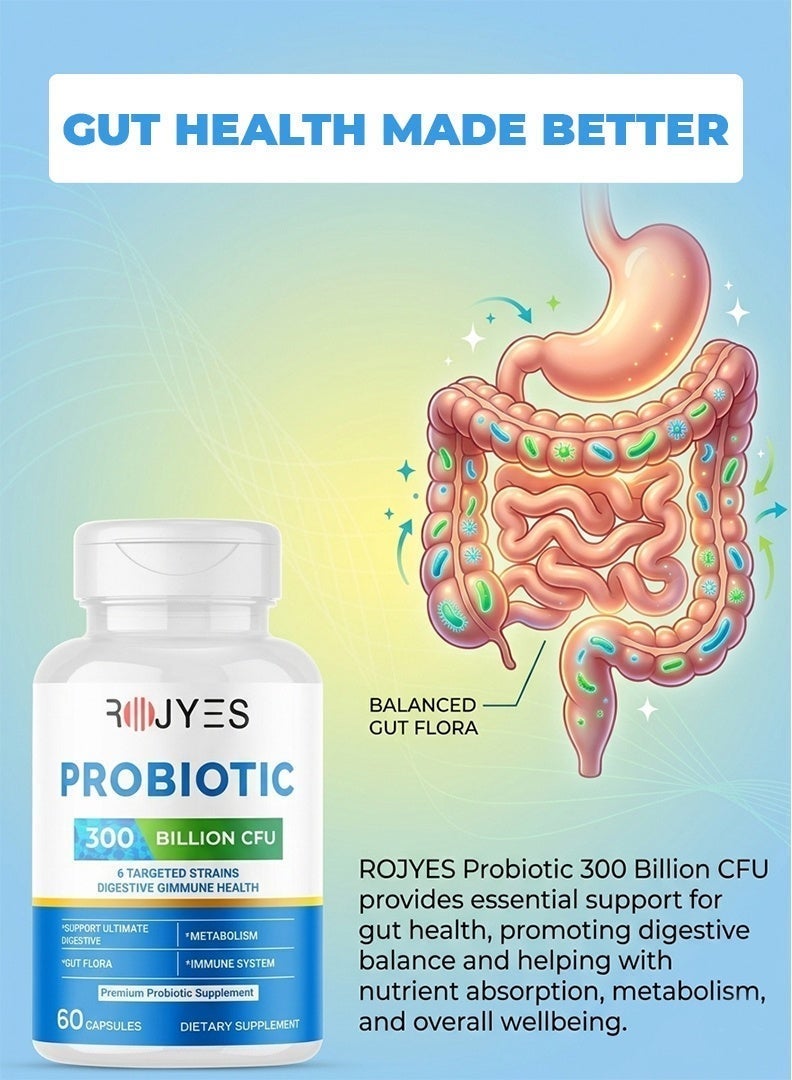 ROJYES Probiotic 300 Billion CFU Supplement, Probiotics for Gut Health and Digestive Balance, Immune Support, Bloating and Digestion Support, Daily Digestive Health Supplement, 60 Capsules - Image 4