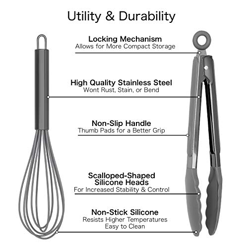 Country Kitchen Stainless Steel Silicone Tipped Kitchen Food BBQ and Cooking Tongs for Non Stick Cookware, BPA Fee, Stylish, Sturdy, Locking, Grill Tongs, Gunmetal, Tong and Whisk Set, Gray - Image 3