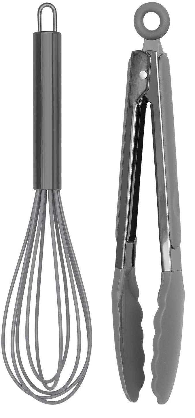 Country Kitchen Stainless Steel Silicone Tipped Kitchen Food BBQ and Cooking Tongs for Non Stick Cookware, BPA Fee, Stylish, Sturdy, Locking, Grill Tongs, Gunmetal, Tong and Whisk Set, Gray - Image 1