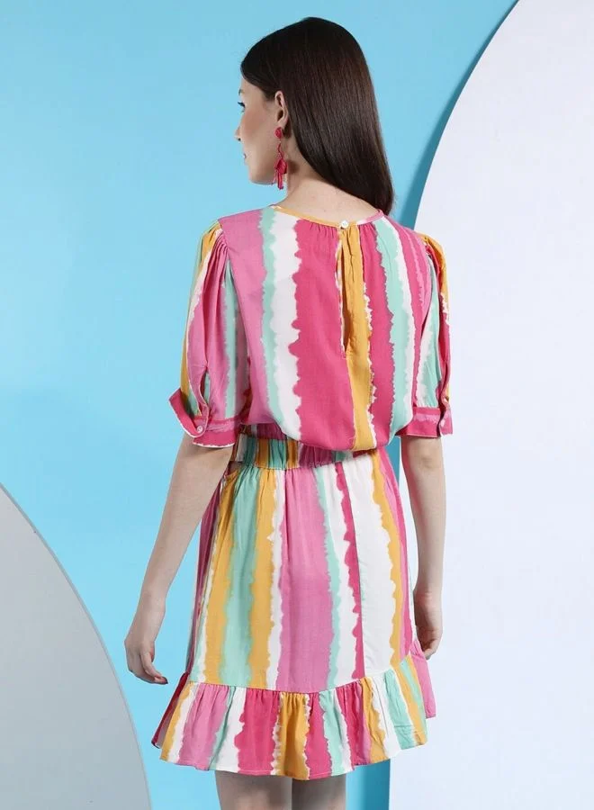 Freehand  Women Fit and Flared Striped Round Neck Short Sleeve Midi Dress for Women | Best Price UAE