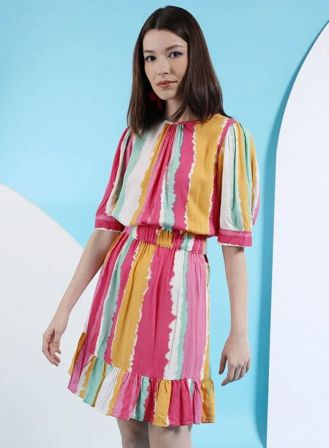 Freehand  Women Fit and Flared Striped Round Neck Short Sleeve Midi Dress for Women | Best Price UAE