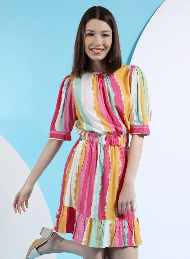 Women Fit and Flared Striped Round Neck Short Sleeve Midi Dress