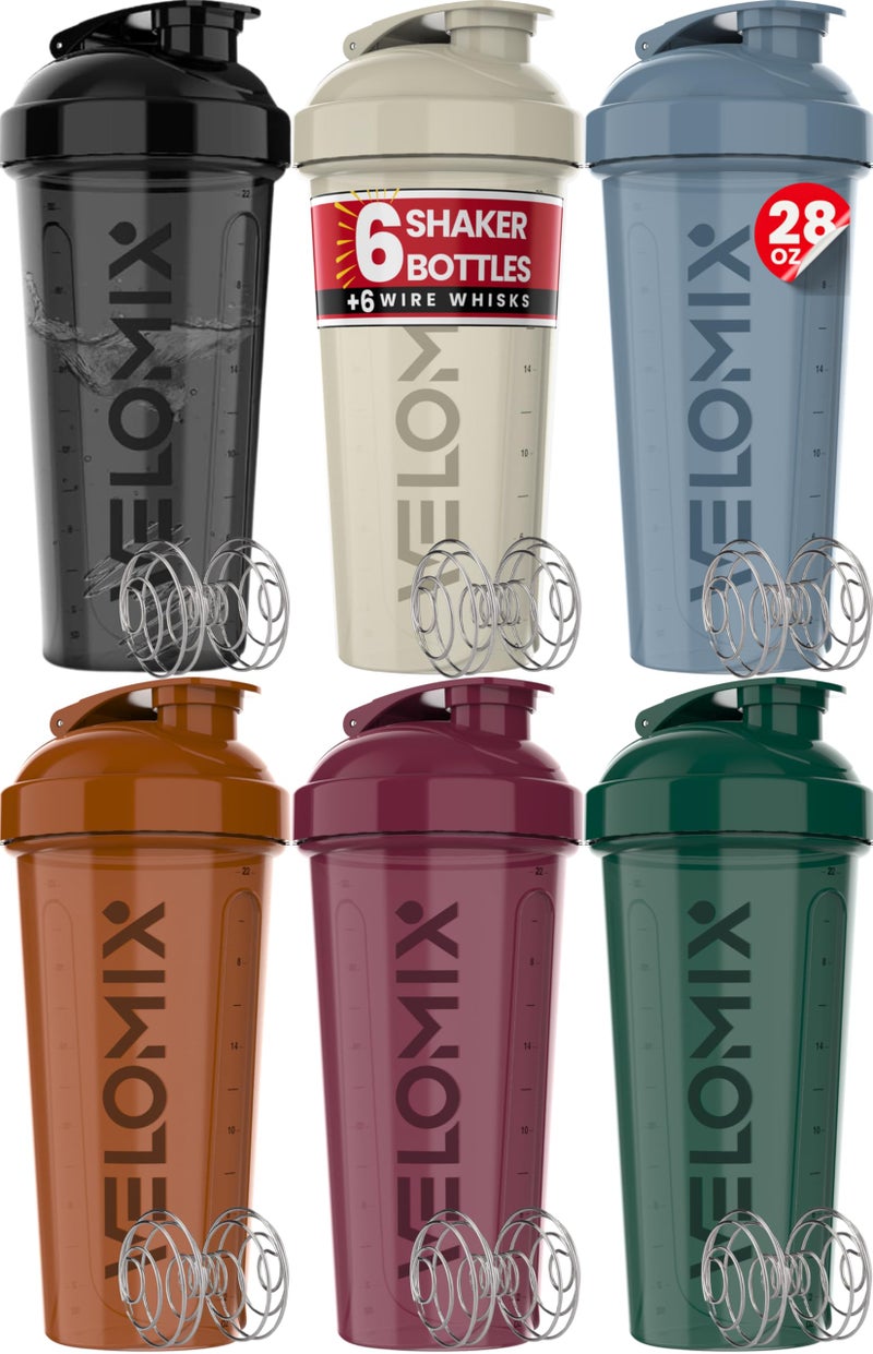 VELOMIX -6 PACK- 28 oz Protein Shaker Bottle for Protein Mixes - 6x Wire Whisk | Leak Proof Shaker Cups for Protein Shakes | Protein Shaker Bottle Pack | Protein Shake Cup (Earth Tones Collection) - Image 1