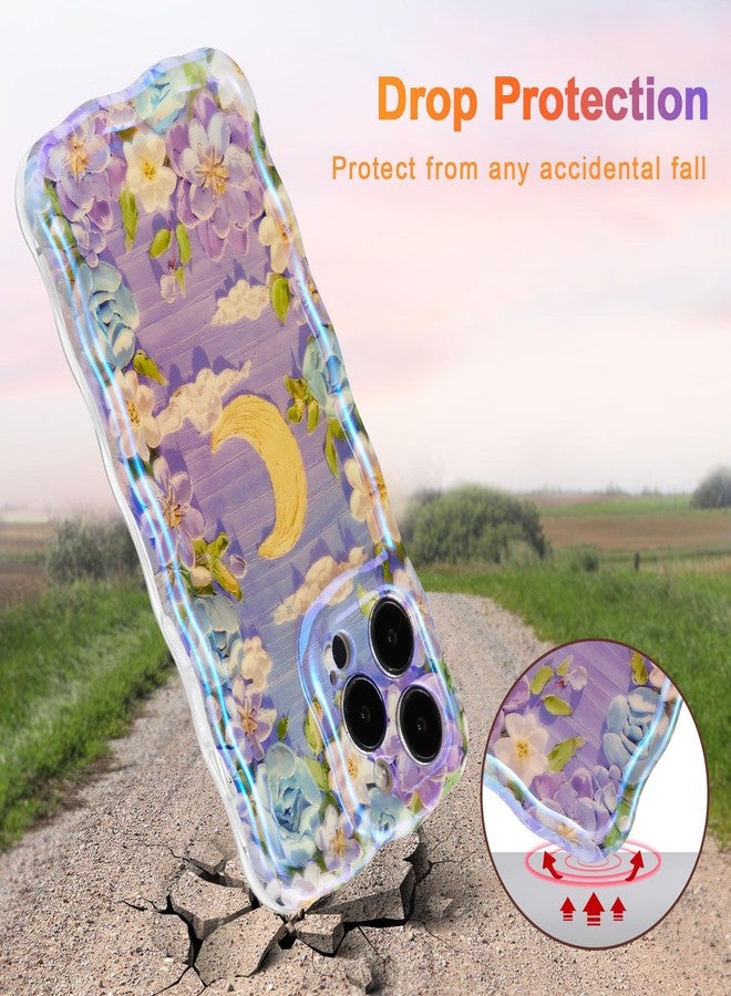 EYZUTAK جراب EYZUTAK لهاتف iPhone 15 Pro Max، جراب حماية متين ورائع من مادة TPU بتصميم زهور وقمر ورسم زيتي عتيق ملون، مناسب للفتيات والسيدات. - Image 3